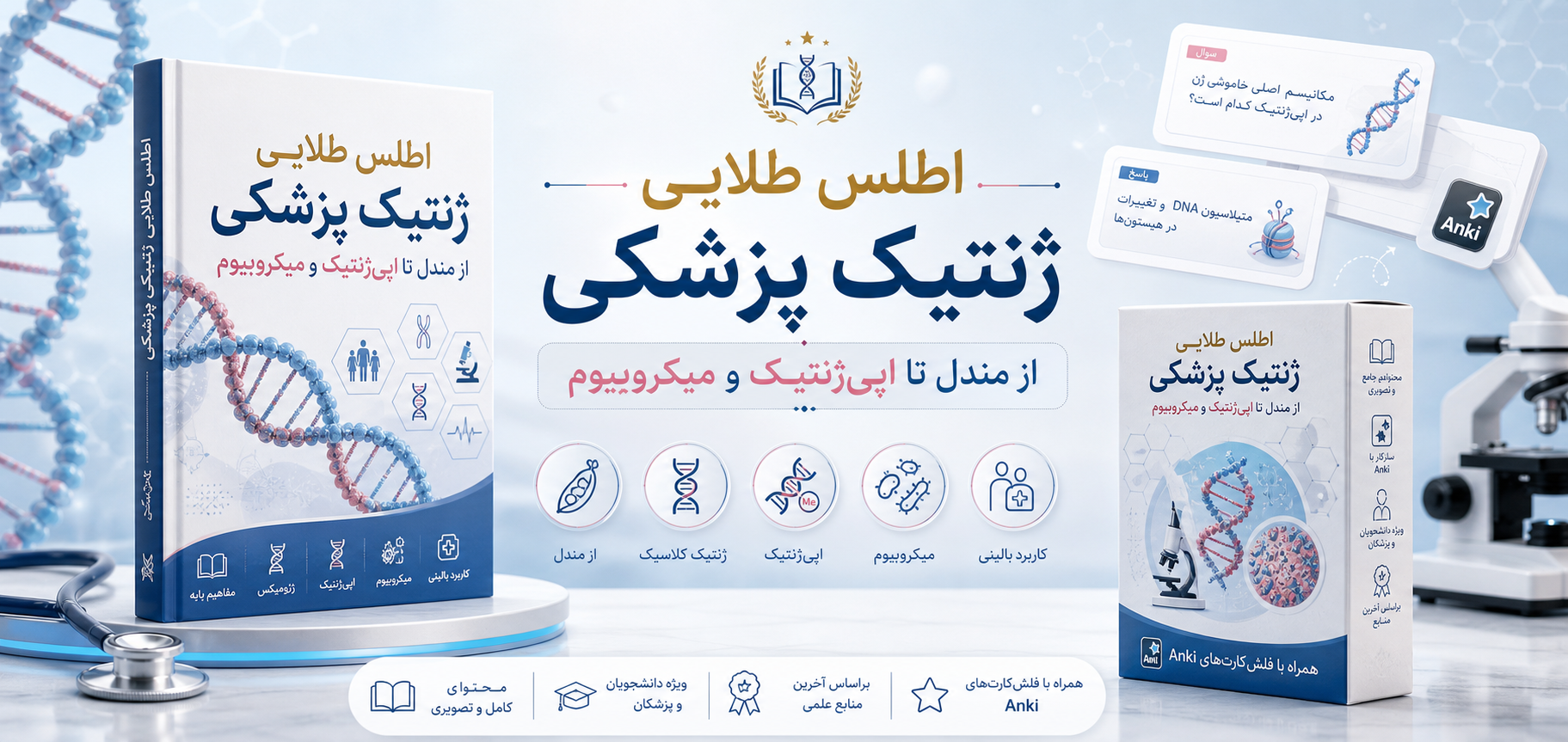 فلش کارت اطلس طلایی ژنتیک پزشکی: از مندل تا اپی‌ژنتیک و میکروبیوم